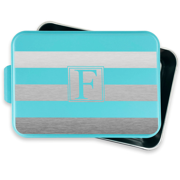Horizontal Stripe Aluminum Baking Pan - Teal Lid - FRONT w/ lid off