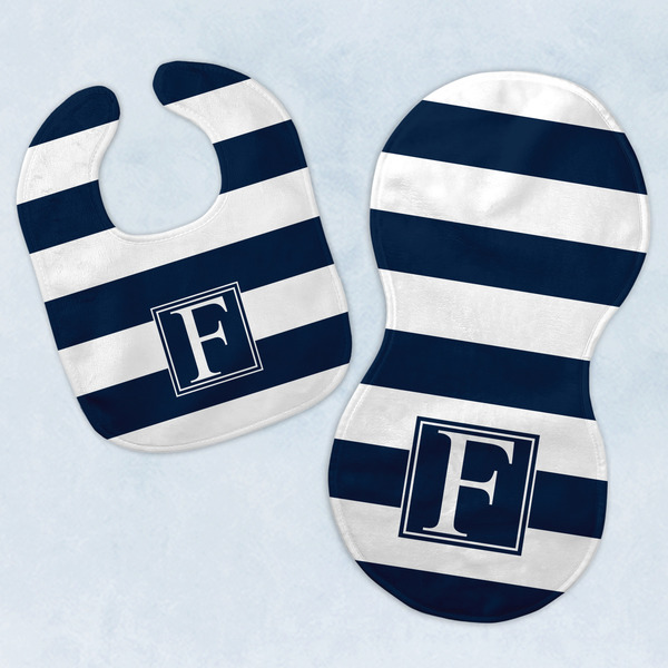 Custom Horizontal Stripe Baby Bib & Burp Set w/ Initial