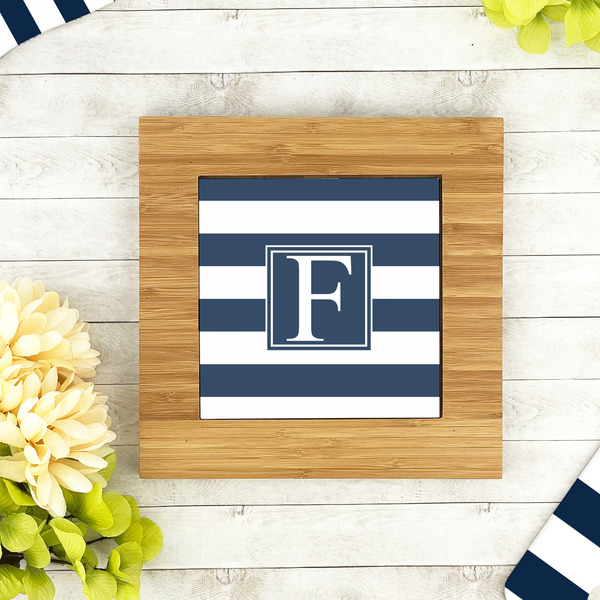 Horizontal Stripe Bamboo Trivet with 6" Tile - LIFESTYLE