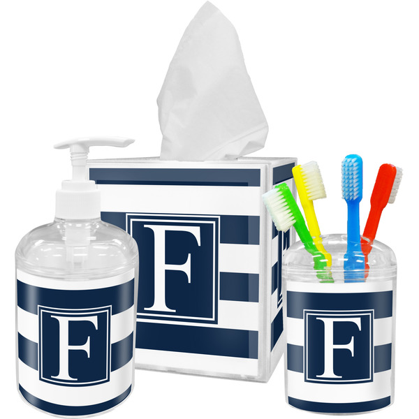 Custom Horizontal Stripe Acrylic Bathroom Accessories Set w/ Initial