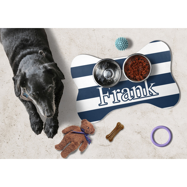 Horizontal Stripe Bone Shaped Mat w/ Food & Water
