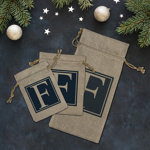 Horizontal Stripe Burlap Gift Bags - LIFESTYLE (Flat lay)