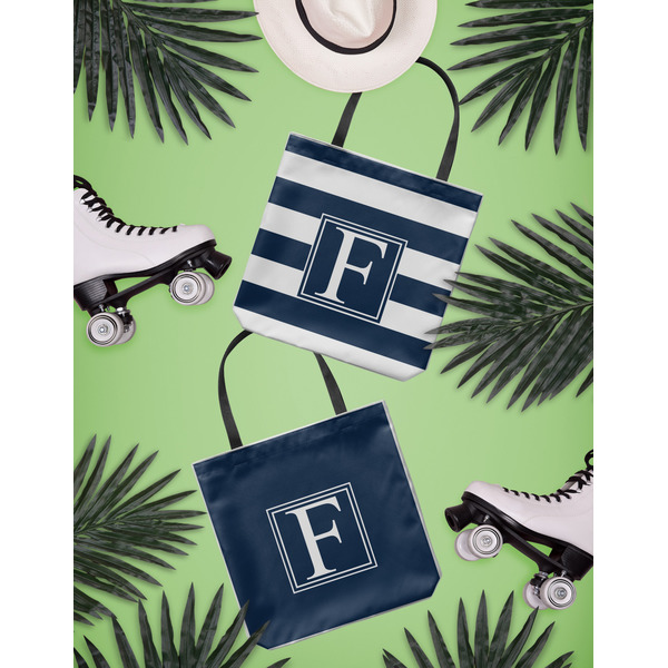 Horizontal Stripe Canvas Tote Lifestyle Front and Back- 13x13