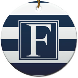Horizontal Stripe Round Ceramic Ornament w/ Initial