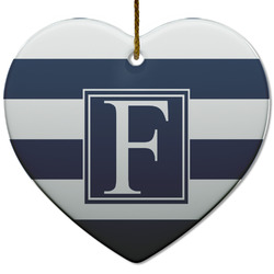 Horizontal Stripe Heart Ceramic Ornament w/ Initial