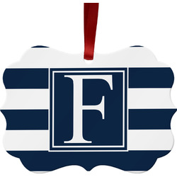 Horizontal Stripe Metal Frame Ornament - Double Sided w/ Initial