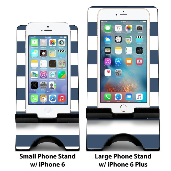 Horizontal Stripe Compare Phone Stand Sizes - with iPhones