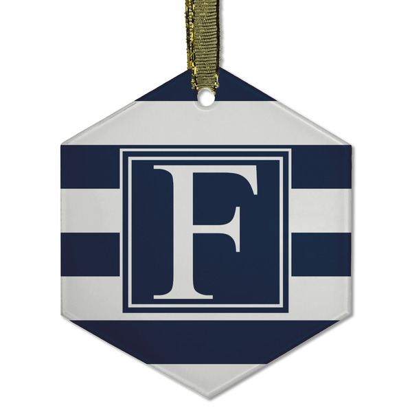 Custom Horizontal Stripe Flat Glass Ornament - Hexagon w/ Initial