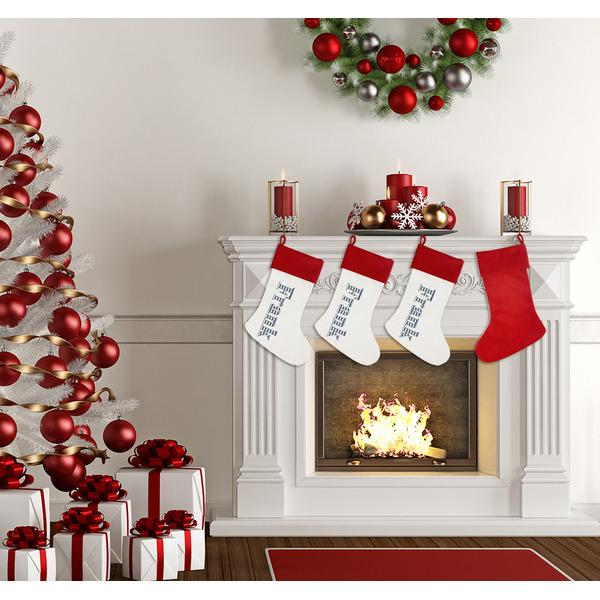 Horizontal Stripe Linen Stocking w/Red Cuff - Fireplace (LIFESTYLE)