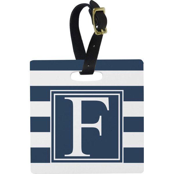 Custom Horizontal Stripe Plastic Luggage Tag - Square w/ Initial