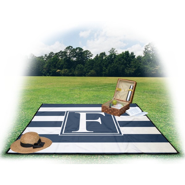 Horizontal Stripe Picnic Blanket - with Basket Hat and Book - in Use