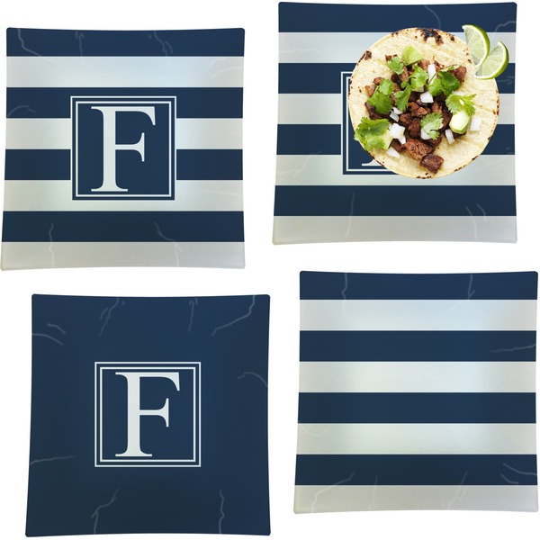 Custom Horizontal Stripe Set of 4 Glass Square Lunch / Dinner Plate 9.5" (Personalized)