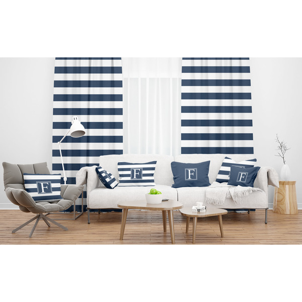 Horizontal Stripe Sheer and Custom Curtains in Room with Matching Pillows