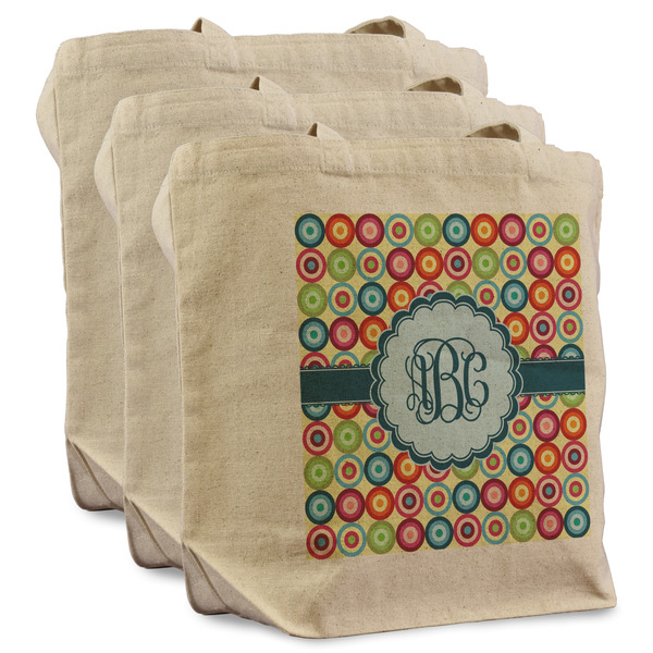 Retro Circles 3 Reusable Cotton Grocery Bags - Front View