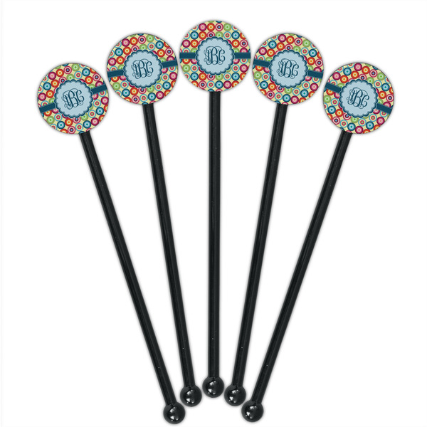 Retro Circles Black Plastic 5.5" Stir Stick - Round - Fan View
