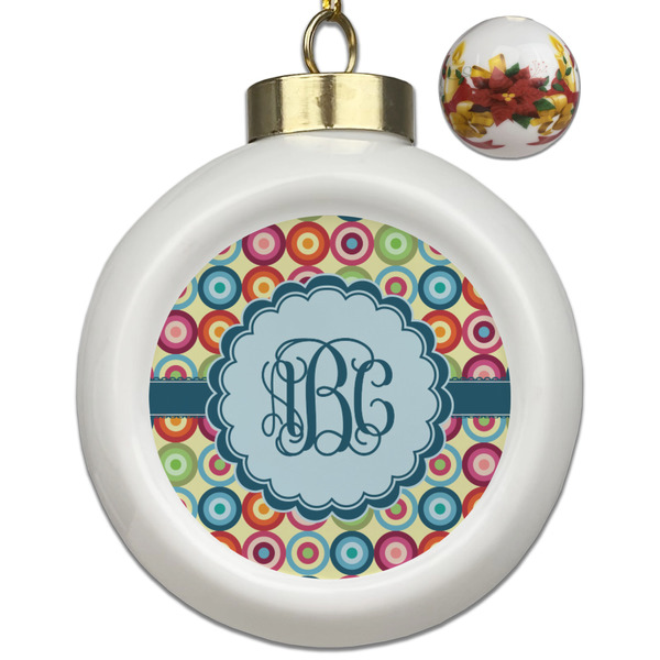 Custom Retro Circles Ceramic Ball Ornaments - Poinsettia Garland (Personalized)