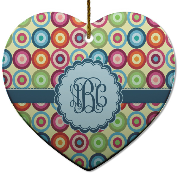 Custom Retro Circles Heart Ceramic Ornament w/ Monogram