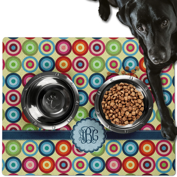 Custom Retro Circles Dog Food Mat - Large w/ Monogram