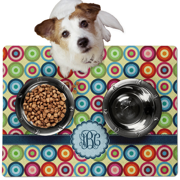 Custom Retro Circles Dog Food Mat - Medium w/ Monogram