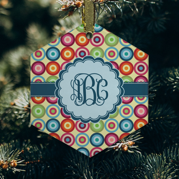 Retro Circles Frosted Glass Ornament - Hexagon (Lifestyle)
