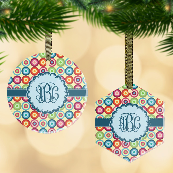 Custom Retro Circles Flat Glass Ornament w/ Monogram