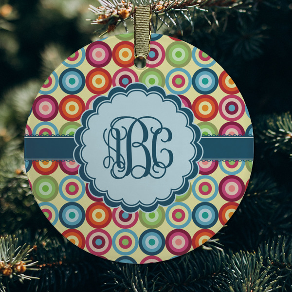 Retro Circles Frosted Glass Ornament - Round (Lifestyle)