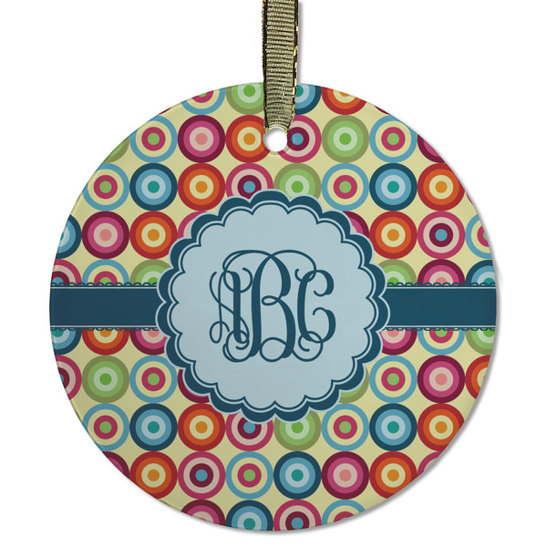 Custom Retro Circles Flat Glass Ornament - Round w/ Monogram