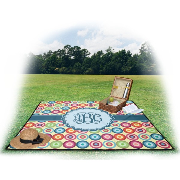 Retro Circles Picnic Blanket - with Basket Hat and Book - in Use