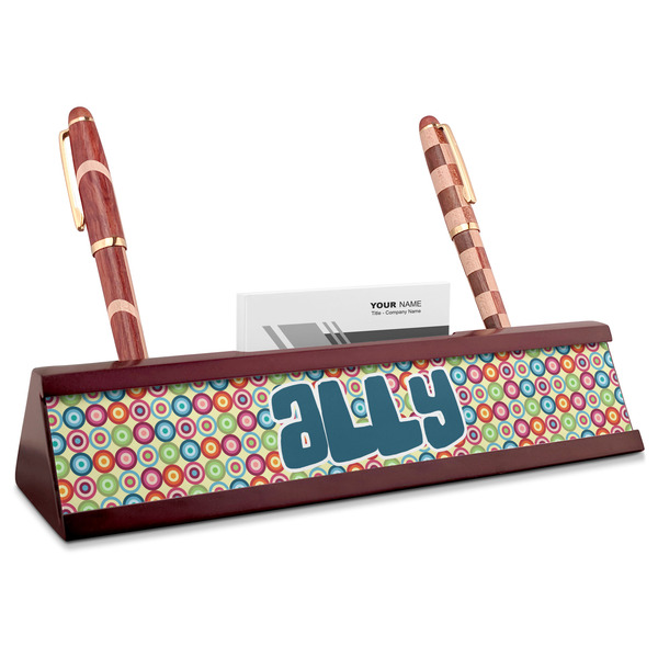 Custom Retro Circles Red Mahogany Nameplate with Business Card Holder (Personalized)