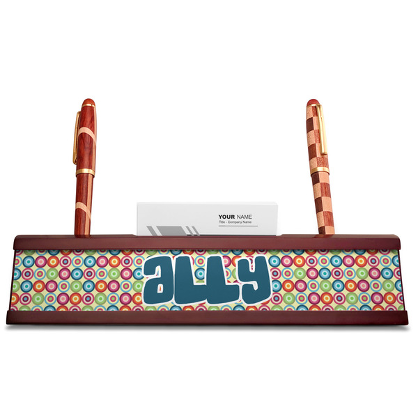 Retro Circles Red Mahogany Nameplates with Business Card Holder - Straight