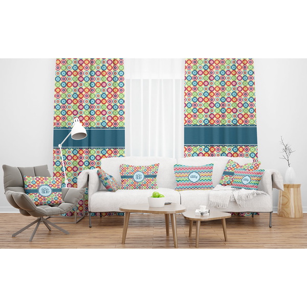 Retro Circles Sheer and Custom Curtains in Room with Matching Pillows