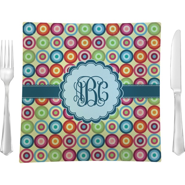 Custom Retro Circles 9.5" Glass Square Lunch / Dinner Plate- Single or Set of 4 (Personalized)