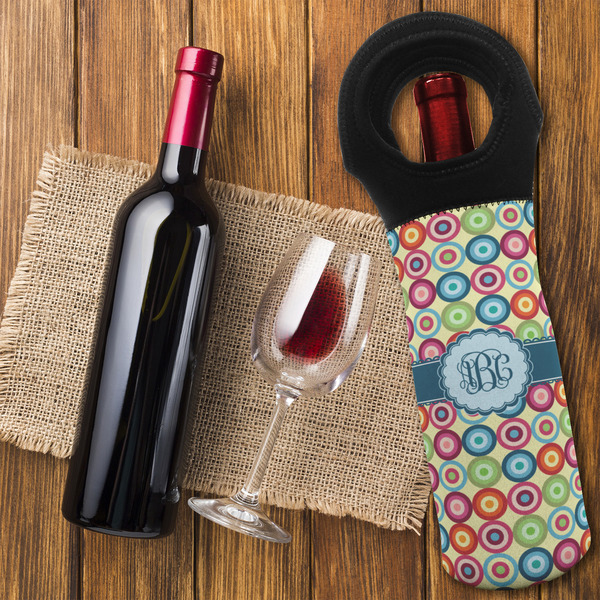 Retro Circles Wine Tote Bag - FLATLAY