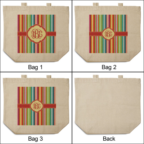 Retro Vertical Stripes 3 Reusable Cotton Grocery Bags - Front & Back View