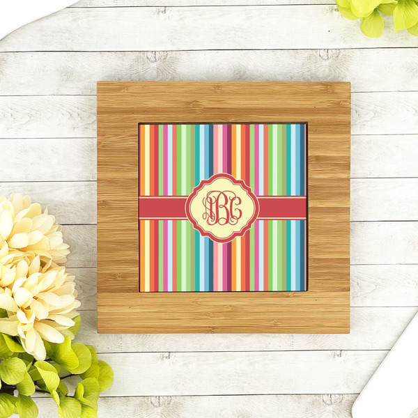Retro Vertical Stripes Bamboo Trivet with 6" Tile - LIFESTYLE