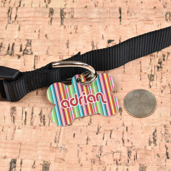 Retro Vertical Stripes Bone Shaped Dog ID Tag - Large - In Context