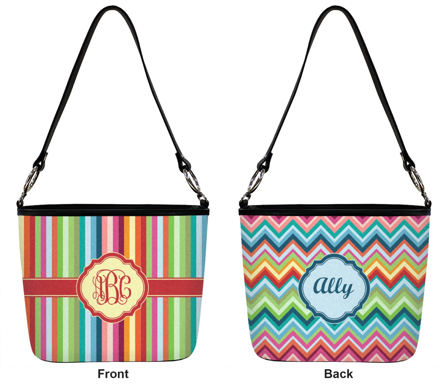 Personalized Retro Horizontal Stripes Bucket Bags w/Genuine Leather Trim Front Large