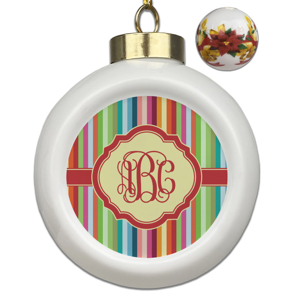 Custom Retro Vertical Stripes Ceramic Ball Ornaments - Poinsettia Garland (Personalized)