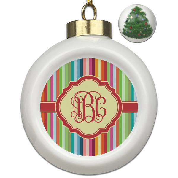 Custom Retro Vertical Stripes Ceramic Ball Ornament - Christmas Tree (Personalized)