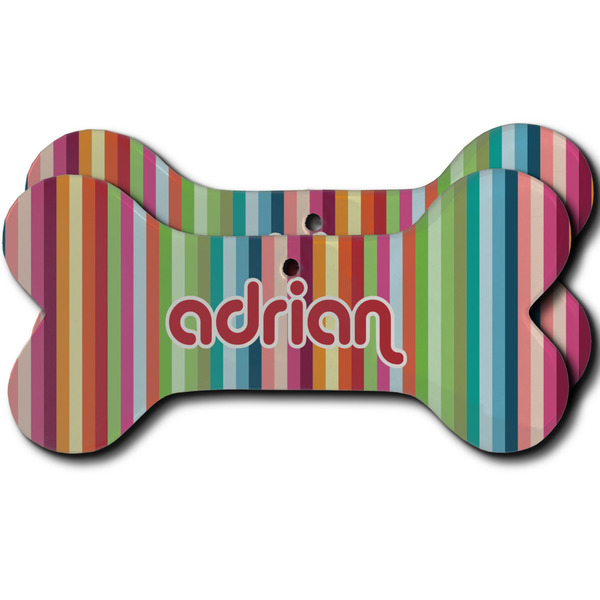 Custom Retro Vertical Stripes Ceramic Dog Ornament - Front & Back w/ Monogram