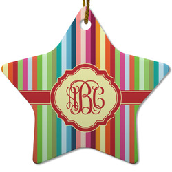 Retro Vertical Stripes Star Ceramic Ornament w/ Monogram