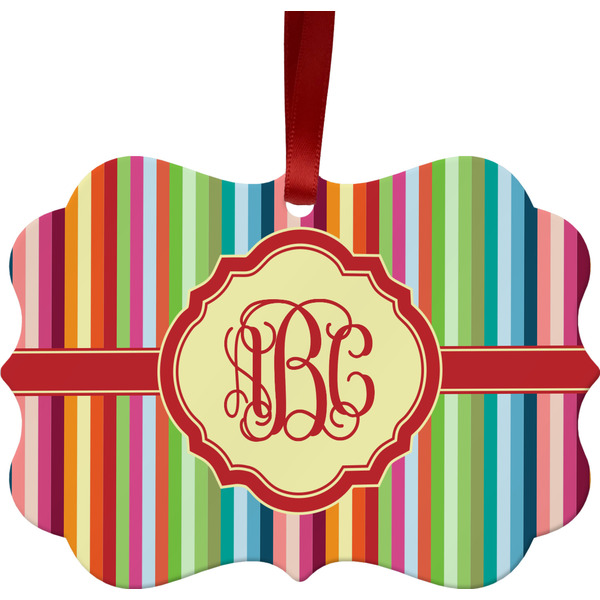 Custom Retro Vertical Stripes Metal Frame Ornament - Double Sided w/ Monogram