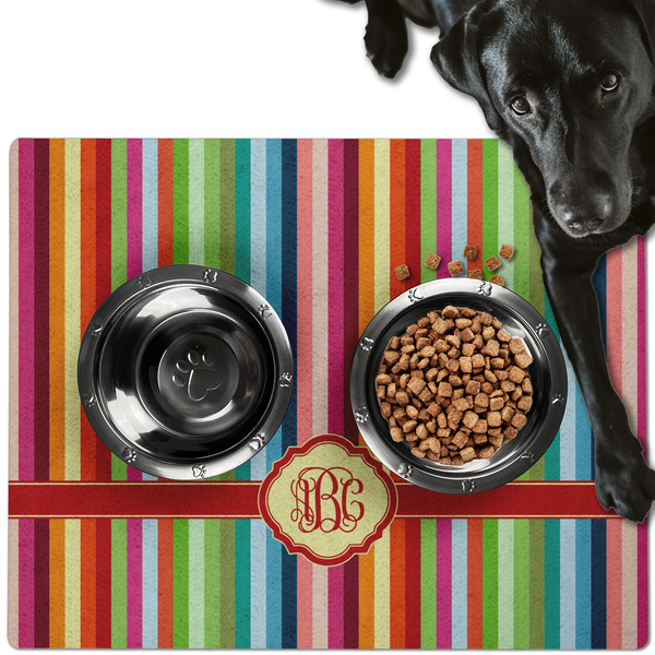 Custom Retro Vertical Stripes Dog Food Mat - Large w/ Monogram