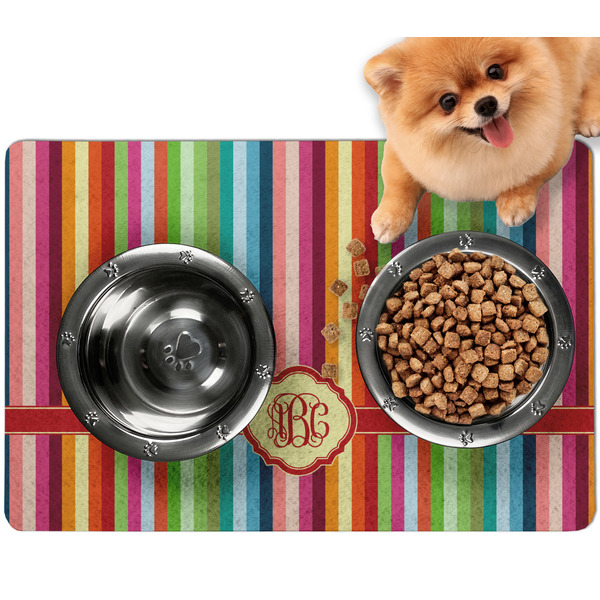Custom Retro Vertical Stripes Dog Food Mat - Small w/ Monogram