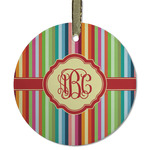 Retro Vertical Stripes Flat Glass Ornament - Round w/ Monogram