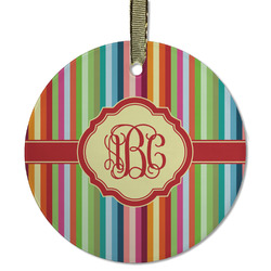 Retro Vertical Stripes Flat Glass Ornament - Round w/ Monogram