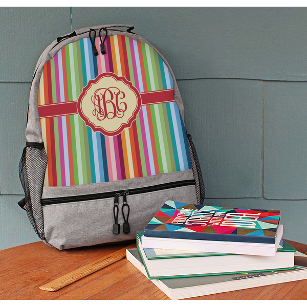 Retro Vertical Stripes Large Backpack - Gray - On Desk