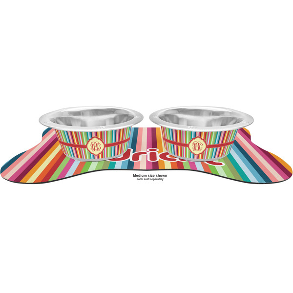 Retro Vertical Stripes Metal Pet Bowls - On Dog Bone Shaped Mat