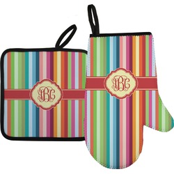 Retro Vertical Stripes Oven Mitt & Pot Holder Set w/ Monogram