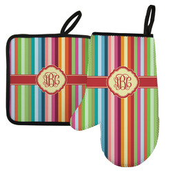 Retro Vertical Stripes Left Oven Mitt & Pot Holder Set w/ Monogram